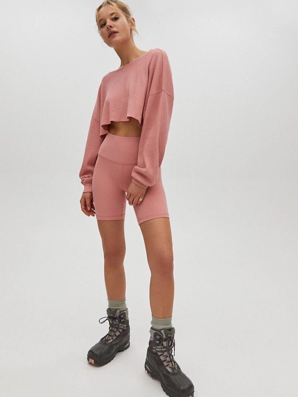 Aritzia TNA Pink Oversized Cropped Thermal Crop Top Waffle Knit